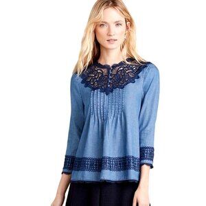 Anthropologie Holding Horses Shirt Women 10 Blue Perra Lace Chambray Top Cowgirl